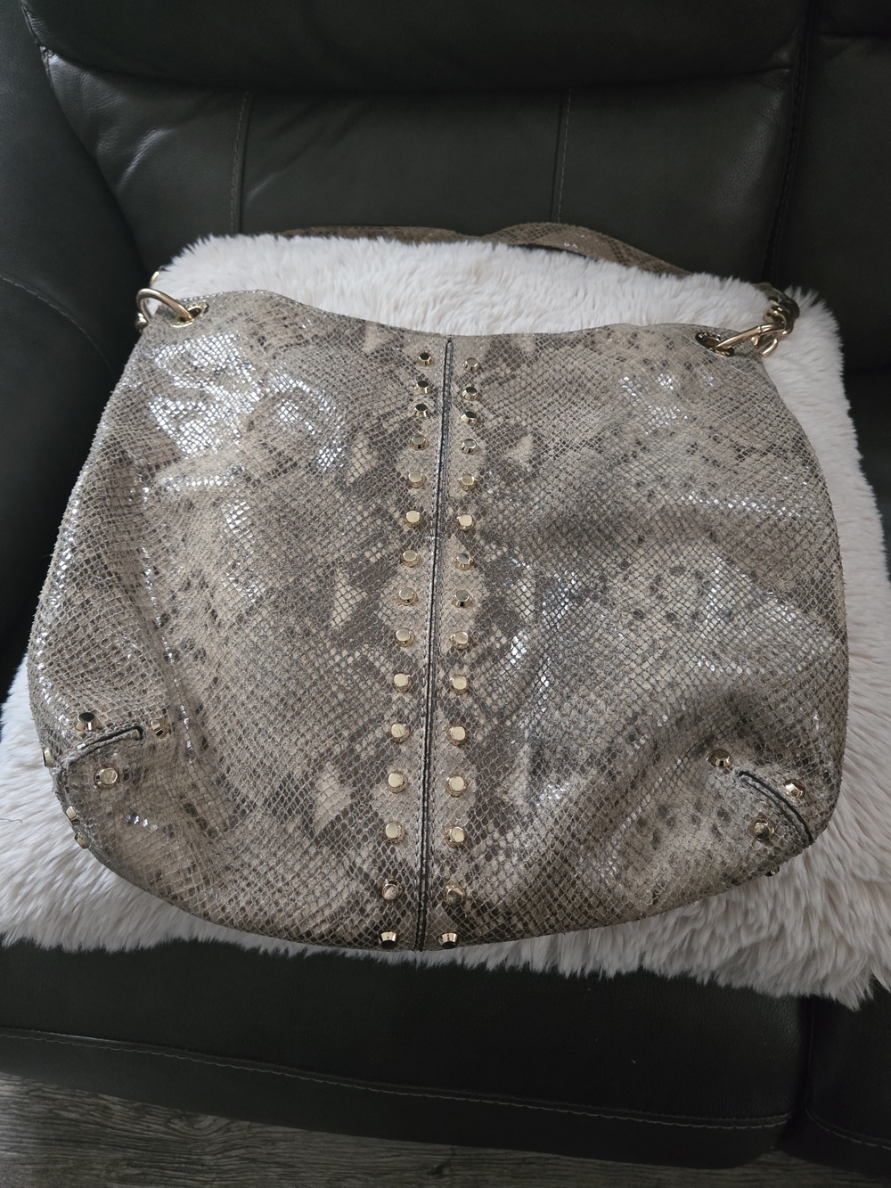 Michael Kors Uptown Astor Python,Taupe Shoulder Hobo with Gold Chain Detail, Y2k - Picture 2 of 7